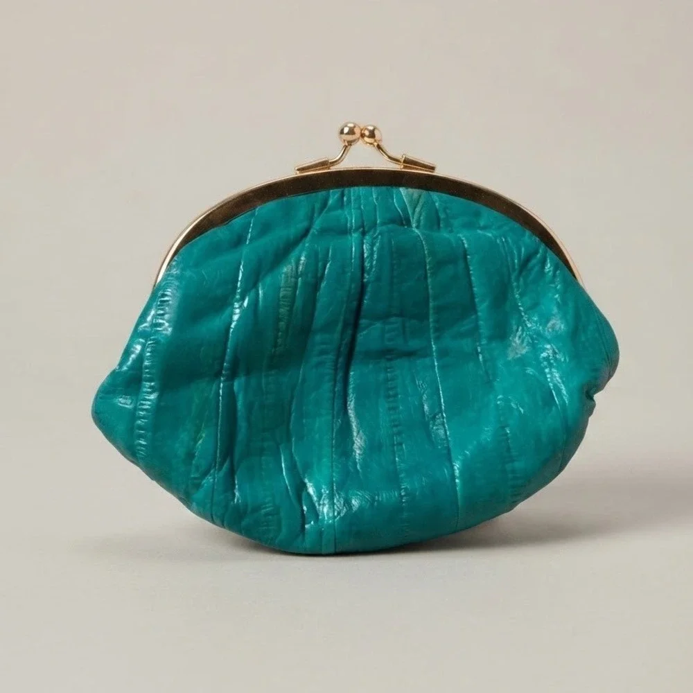 Vintage Teal Eel Skin Leather Coin Purse Gold Kiss Lock Frame Pouch Wallet